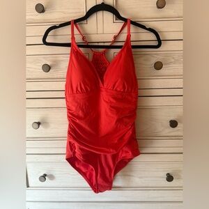 JANTZEN SOLID RUCHE MACRAME BACK ONE PIECE PIECE SWIMSUIT